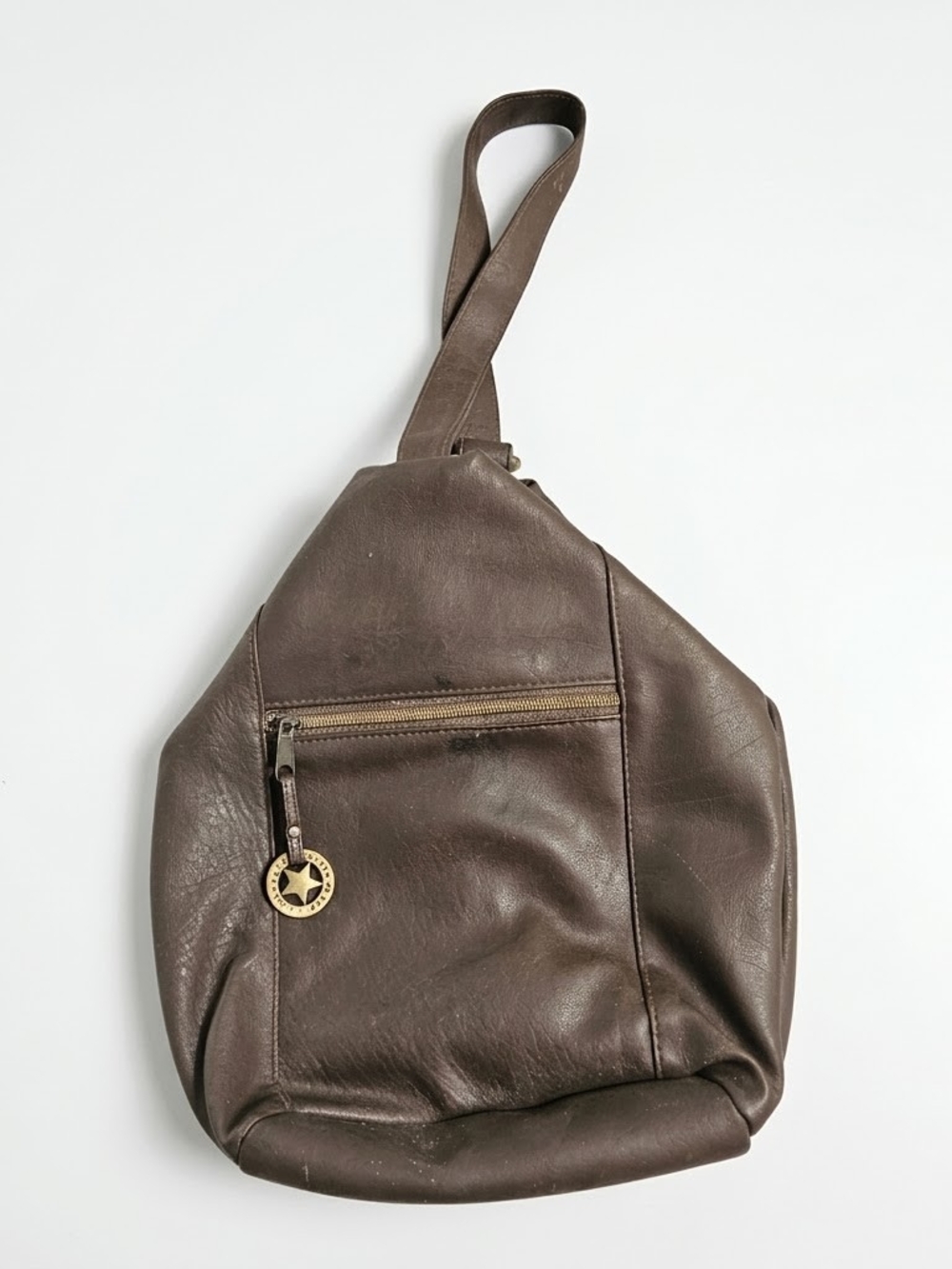 Vintage Y2K Faded Glory Brown Faux Leather Teardrop Sling Backpack Purse